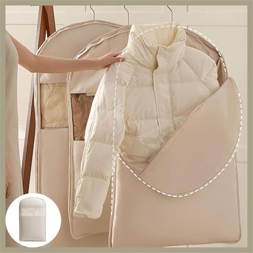 Space Saving Hanging Garment Bag with Self Compression Zipper, Space Saving Hanging Protector, Garment Bags for Hanging Clothes, Coats, Jackets, Down Coat,Shirts (Beige,X-Large)3