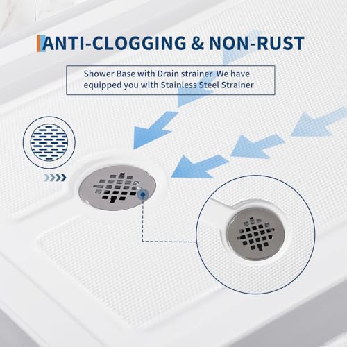 Image of Garvee Shower Base 48'' L x 32'' W with Stainless Steel Drain, Shower Pan ＆ Tray with Non-Slip Texture, Center Drain