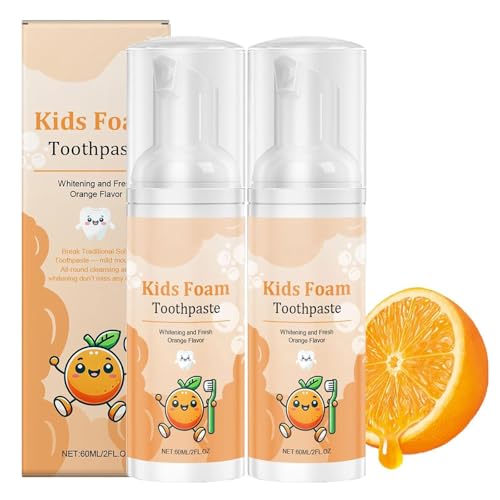 Pasta de dientes de espuma Niños, espuma para niños Pasta de dientes Fabor de naranja, cuidado oral de aliento fresco, blanqueamiento, limpieza profunda, formul natural sin flúor (2pcs)