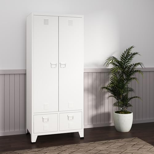 [en.casa] Armario Ropero Hankasalmi Armario Dormitorio Guardaropa 2 Puertas con Ranuras de Ventilación Perchero 4 Compartimentos Estantes Regulables 2 Cajones Acero Acero 180 x 90 x 40 cm - Blanco