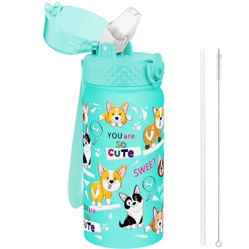 GOPPUS 420ml/14oz Kids Insulated Water Bottle with Straw Cute Double Wall Stainless Steel Child's Small Flask Vacuum Insulated Steel Metal Leak Proof Drink Flask Boys Toddler Girls Bottles BPA-Free