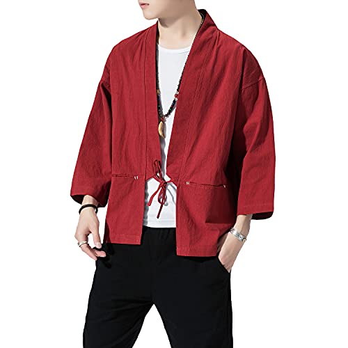 Image of PRIJOUHE Men's Kimono Jackets Cardigan Lightweight Casual Cotton Blends Linen Seven Sleeves Open Front Coat Outwear