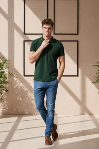 Image of Louis Philippe Men's Slim Fit Single-Tuck Pique Stylized Sleeve Print and Contrast Tipping Half Sleeve Solid Polo Tshirt