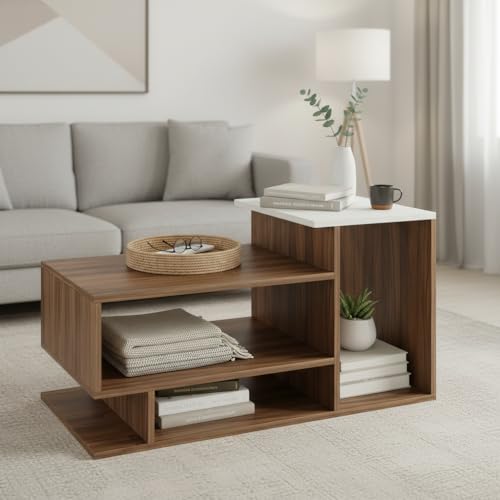 Image of FURNEASER Afaria Modern Engineered Wood Coffee Table with Door & Storage Shelves | Center Table for Living Room & Sofa Area | Multi Level Open Rack Design | DIY Furniture