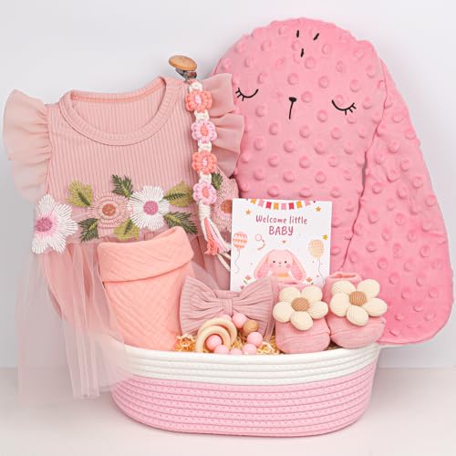 Baby Girl Gift Basket | 9 PCS Pink Welcome Home Newborn Baby Girl Gift Set with Dress,...