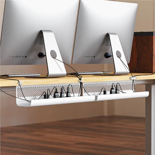 KHAMAL Cable Management Under Desk 26PCS - Cable Management Tray Kit Ventilated Hexagonal Design with Cable Clips, Wire Ties, Cord Holder & Screws for Office, Home - 2 White Sets