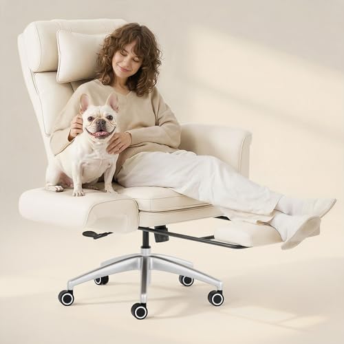 Image of FLEXISPOT Oversized Lounge Chair Indoor with Convertible Seat Width up to 44in Wheels Footrest 180 Flip Armrests, Chairs for Living Room Study Working Relaxing, Scratch-Resistant Leather, Beige White