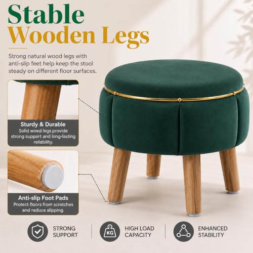 Image of Velvet Upholstered Round Ottoman Footstool | Anti-Slip Feet | Multipurpose Footrest, Step Stool & Vanity Seating & Decor | 40 x 30 cm (16 x 12 Inch) | Green