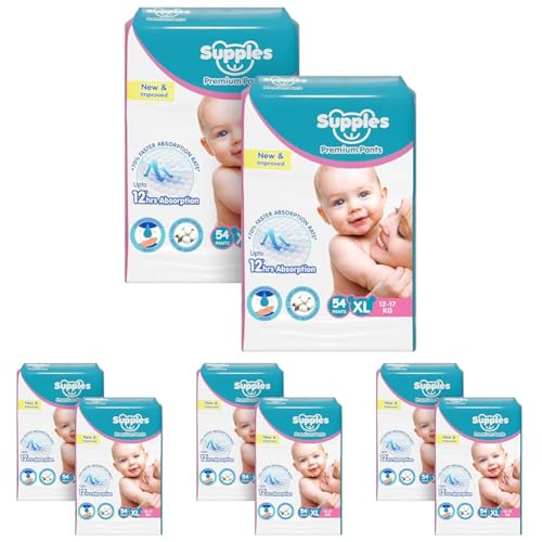 Image of Amazon Brand - Supples Premium Baby Diaper Pants | 108 Baby Diapers | XL | 12-17 Kg | 12 Hrs Absorption | Cushiony Cotton Soft Fabric | Phthalates-Free | Triple Leak Guard | 54 Count, Pack of 8