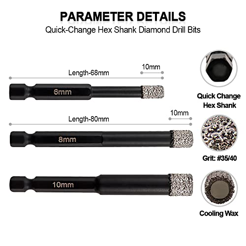 Shdiatool Dry Diamond Drill Bits For Porcelian, Tiles Marble Granite Quick Change Hex Shank Stone Hole Bits (6/8/10Mm) 3Pcs/Set #TOP3