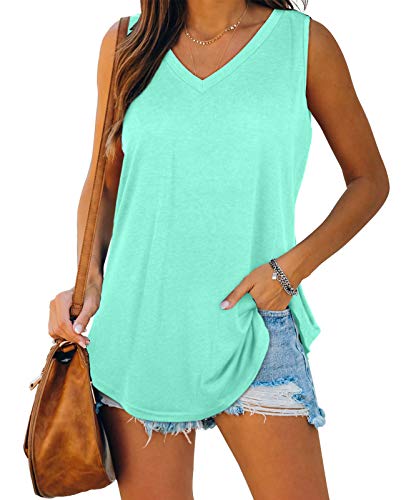 PHUKISS Tank Tops for Women Summer Loose Fitting V Neck Sleeveless Shirts Lakegreen