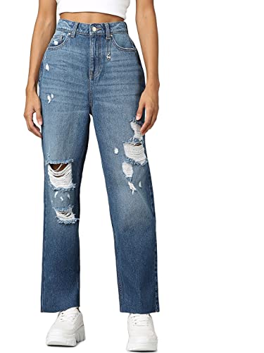 Image of ONLY Women Mom Fit High-Rise Low Distress Light Fade Pure Cotton Jeans