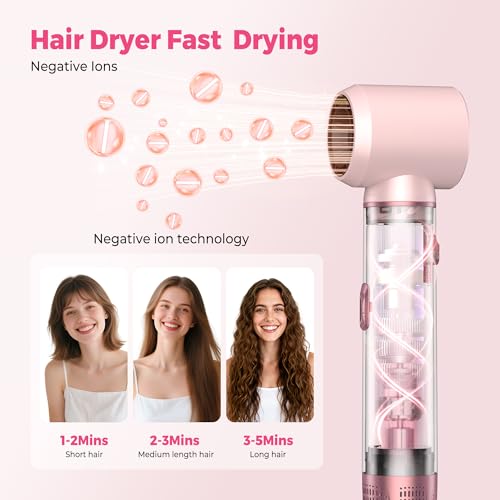 Image of Atopskins 5 in 1 Hair Dryer Brush Set, Detachable Hot Air Styler, Blow Dryer Brush, 3 Heat Settings Auto Curling Wrap Styler, Ionic Hair Styling Tools - Straighten Curl Dry Volumize Smooth (Pink)