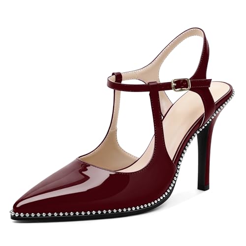 Image of SAMMITOP Womens High Heels Ankle Strap Pointed Toe Stilettos Patent Leather Beaded Pumps Dress Shoes 3.5 Inch