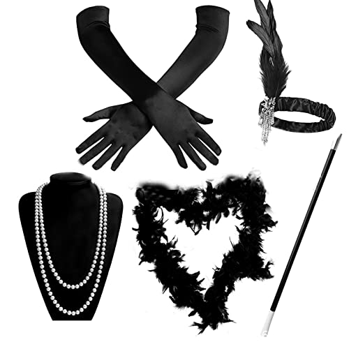 Watreketal Conjunto de accesorios de fiesta para mujer, diadema de plumas, collar, guantes de satén, bufanda, para cóctel, fiesta, graduación, accesorios para el cabello, diadema, Negro, Talla única