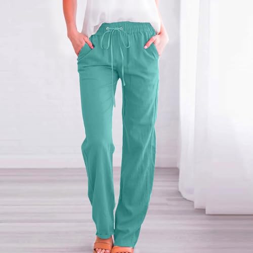 Image of Linen Pants Women High Waisted Drawstring Casual Pant Cotton Linen Straight Leg Lounge Trousers with Side Pockets
