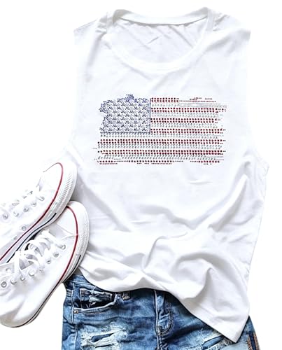 FAYALEQ American Flag Print Tank Tops Women USA Stars Stripes Patriotic T Shirt Summer Loose Vest Tees