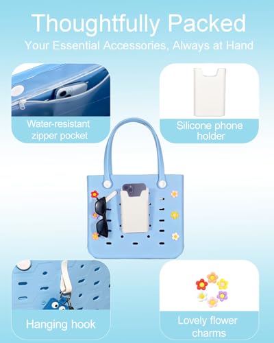 Rubber Beach Bag with Silicone Phone Holder Accessories for Women, Waterproof Sandproof Travel Tote Bag3