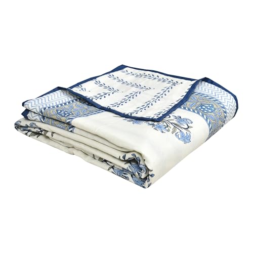 Image of BLOCKS OF INDIA Hand Block Printed Cotton Single Size Reversible Malmal Dohar for Summer (Blue Lily LINE)