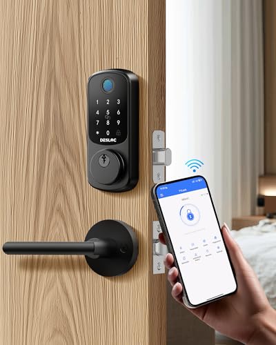 Image of DESLOC B200 Fingerprint Smart Lock with 2 Lever Handles, Keyless Entry Front Door Lock Set, Electronic Keypad Deadbolt, App Control, Auto Lock, Long Battery Life,Matte Black