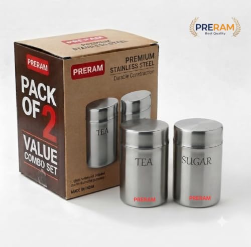 Image of Premium Stainless Steel Tea & Sugar Container Set | 800ml Each | Glossy Mirror Finish Airtight Jars | Food Grade Rust-Free Canisters for Modern Kitchen Storage & Counter