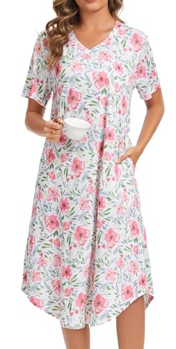 Image of Kabento Nightgowns for Women Cotton Short Sleeve Long Night Gowns with Pockets