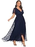 Ever-Pretty Plus Women's V Neck Ruffles Sleeves Lace Summer Mother of The Bride Dresses Plus Size Semi Formal Dress Navy Blue US14