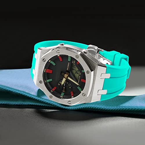 Image of GA2100 Stainless Steel Watch Case with Metal Watchband and Rubber Strap Mod Kit - Compatible with GA-2100 /GA-2110 /GA-B2100 Series - Watch Part Replacement