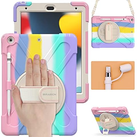 BRAECN iPad Case 9th/8th/7th Generation 10.2 Inch 2021/2020, Heavy Duty Kids Case with Pencil Holder /Screen Protector/Pencil Cap/360 Degree Rotating Bracket for iPad 7th Gen 10.2 2019 Case -Rainbow Cover