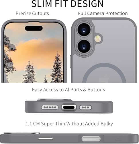 Image of VONZEE Magnetic Case Compatible with iPhone 17, MagSafe Compatible Translucent Matte Shockproof Protective Phone Cover, Full Camera Protection, Slim Anti-Scratch Back Case for Men & Women, Grey