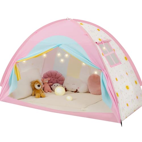 PIIKAGO Twin Bed Tent for Kids, Twin Size Bed Canopy with Star Lights, Privacy Space Blackout Sleeping Tents, Indoor Breathable Portable Bunk Bed Tent for Girls, Rainbow