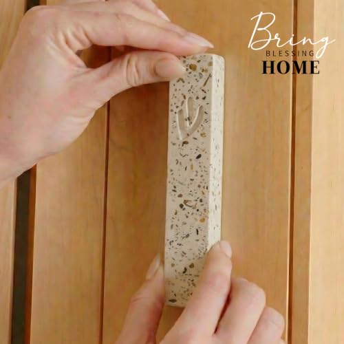Image of SURI Mezuzah Case - 5 Inch Terrazzo Cream and Pink Concrete Jewish Door Mezuza Cover with Non Kosher Scroll, Self-Stick Adhesive, Fits a 4 Inch Scroll, Gift Box Included