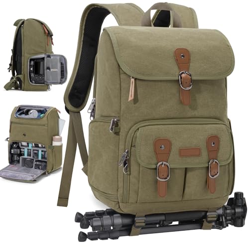 Image of RAINSMORE Camera Backpack, DSLR SLR Mirrorless Camera Bag for Photographer | 15.6 Inch Vintage Canvas Camera Case with Laptop Compartment & Tripod Holder & Rain Cover for Sony Canon Nikon Fujifilm Green