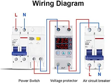 Wiring diagram for the FTVOGUE SVP912 Adjustable Voltage Protector, showing connections between a power switch, the voltage protector (SVP-916 model shown), and an air circuit breaker. L (Live) and N (Neutral) inputs and outputs are clearly marked.
