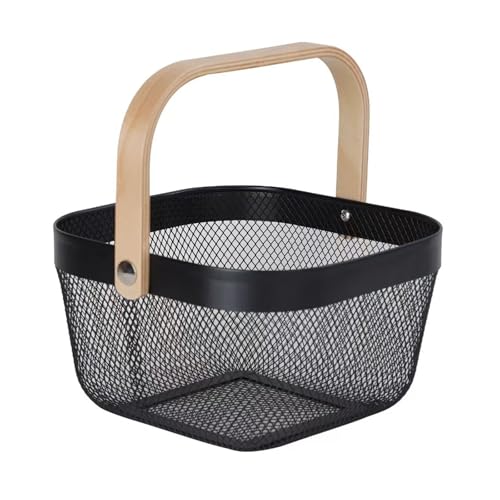 AJIODA Metal Mesh Wire Basket, Mini Steel Basket with Wooden Handle Storage Organizer Basket Multi-functional Hanging Kitchen Baskets Fruit Baskets for Kitchen Bathroom Cabinet Pantry Snacks, Black