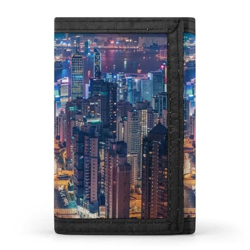 Hong Kong Print Trifold Wallet with ID Window & Key Ring | Slim Front Pocket Wallet with 8 Card Holder