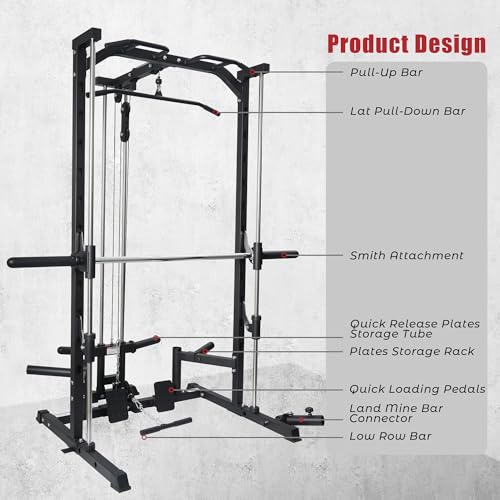 Image of RitFit Smith Machine Power Rack with LAT-Pull Down System, Landmine, Barbell Bar, Plate Storage Pegs and More Training Attachment