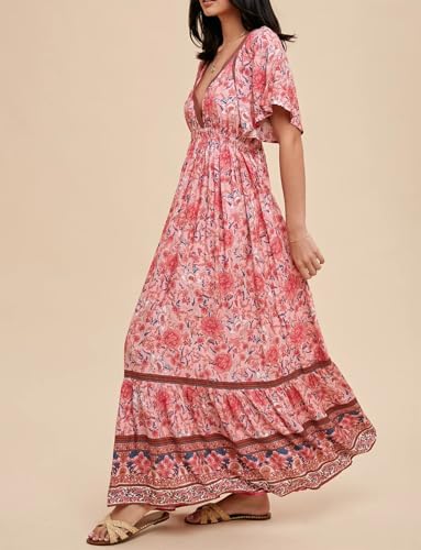 Image of R.Vivimos Women's Summer V Neck Maxi Dress Boho Floral Print Short Sleeve Elastic Waist Ruffle Patchwork A-Line Beach Dress