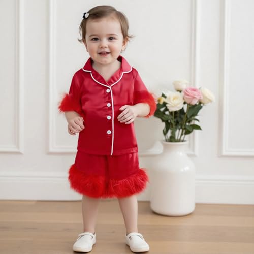 Little Girls Summer Pajama Sets Short Sleeve Lapel Button Up Plush Cuff Shirt Shorts Sleepwear3