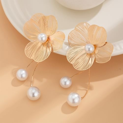 Gold Flower Earrings for Women Big Statement Dangle Earrings Boho Long Drop Pearl Floral Petal Earring Prom Wedding Jewelry Gifts4