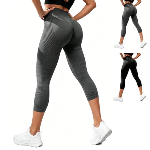 VOYOCUGE Capri Leggings Anti Cellulite Compression 3D Leggings Women Butt Lifting Tummy Control with Resistance Bands (Large Grey)