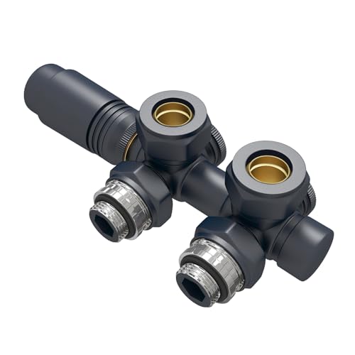 EMKE Raccordi per radiatori multiblocco, accessori per il riscaldamento, angolo e forma di passaggio, 50 mm, valvola per radiatore con termostato (per tubi da 15 mm + 16 mm, G1/2, 1 pezzo, antracite)