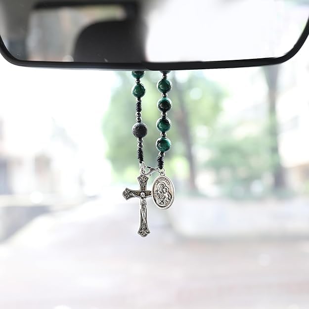 Nazareth Store Tiger Eye Beads One Decade Rosary Handmade Pocket Car Mirror with Saint Joseph Medal and Jesus Cross in Antique Silver Volcanic Stone Travel Friendly Rosary - Image 2