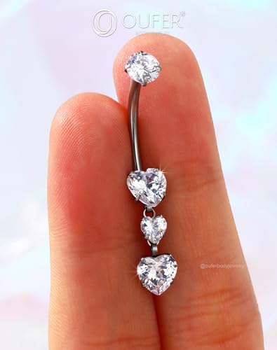 OUFER Titanium Belly Button Rings, Heart Belly Rings Dangling, Internally Threaded Belly Button Piercings, Long Dangle Navel Piercing Jewelry, Belly Rings for Women4