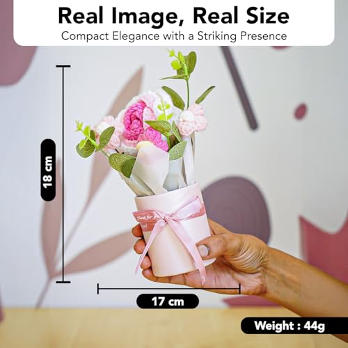 Image of Nostrae by Ekhasa Pink With White Crochet Flowers Bouquet (Small Size) | Knitted Flowers For Gifting | Woolen Bouquet Perfect For Crochet Gifts | Handmade Bouquets Gift