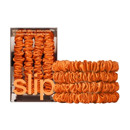 Image of Slip Silk Hair Ties - Skinny Silk Orange Scrunchies, No Damage, No Crease, Anti-Breakage |100% Mulberry Silk | All Hair Types | Made with Proprietary Slipsilk | Set of 4