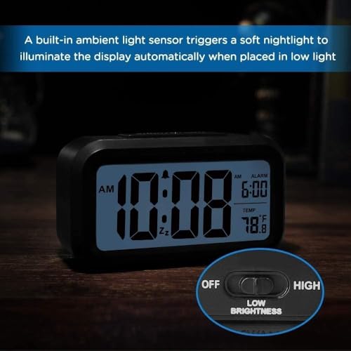 Image of Digital Alarm Clock with Automatic Sensor, Date and Temperature Display, Compact Desk Table Clock for Students, Home, Office, Bedroom, Living Room,Home Decor, Corporate Use (Black Digital)