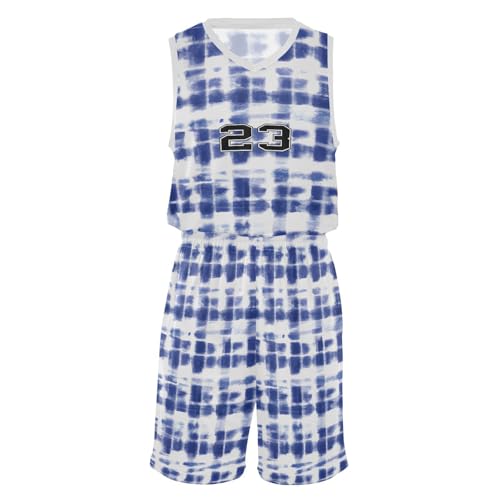 FLildon Blue White Tie Dyed Print Boys Basketball Jersey Set Tank Top Shorts Tracksuit Sport Training Suit for Kids, S