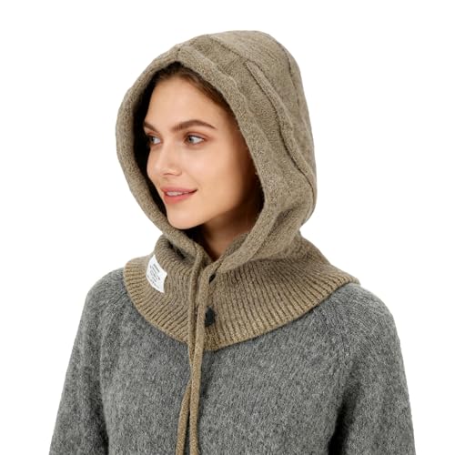 AYPOW Winter Slouchy Knitted Hat for Women,Warm Windproof Adjustable Snood Hooded Scarf Hat, 2 in 1 Casual Fashion Balaclava Beanie Caps with Neck Warmer for Ladies Outdoor Activities Shopping Daily