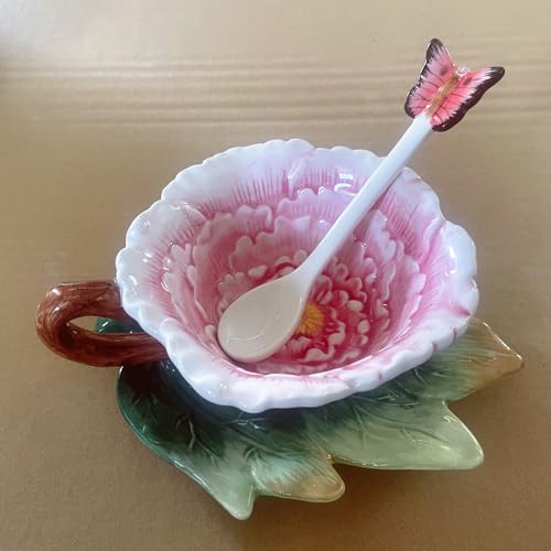 Minigift Ceramic Tea Cup And Saucer Set ,8Oz 3D Hand-Painted Peony Flower Coffee Mug,Gift For Women -Pink thumb #1